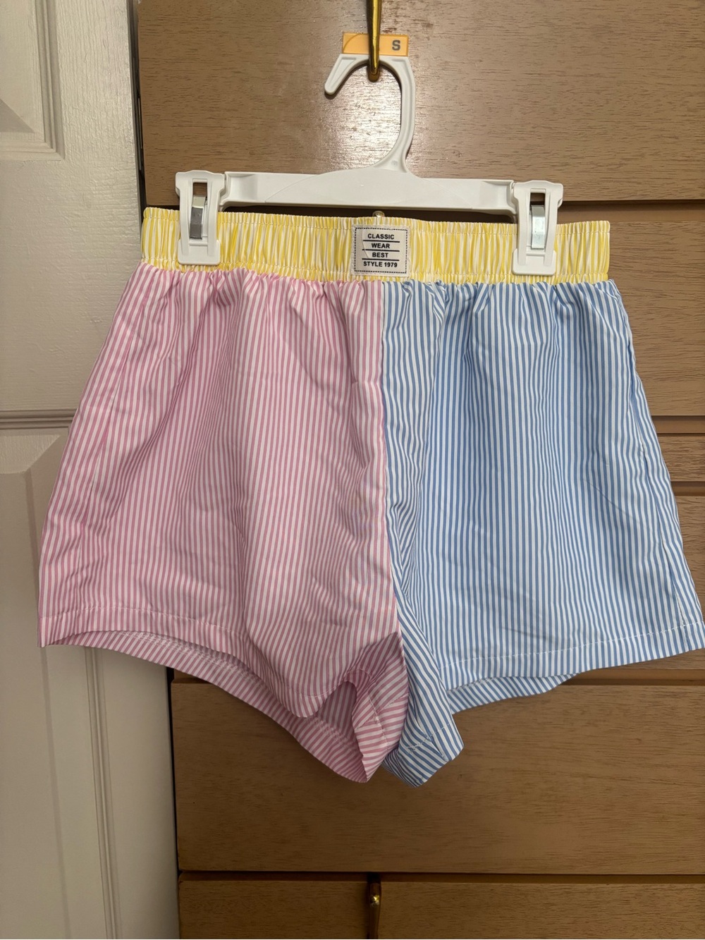 Split-Striped Shorts - Pink & Blue with Yellow Waistband
